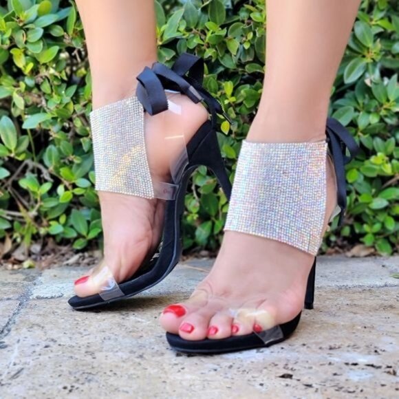 Shoes - Women's Black Rhinestone Glitter Stilettos High Heel Sandals